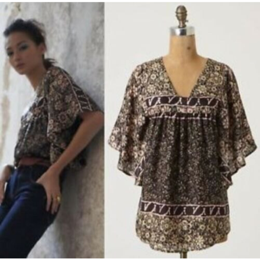 Sunner Brown Tan Blouse 100% Silk Dolman Flowy Anthropologie Floral Boho Sz S